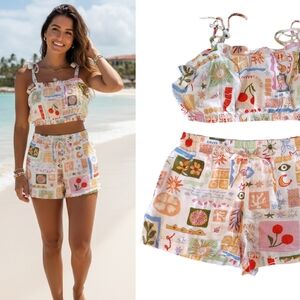 Sweethearts 2 Piece Tropical Cropped Top and Shorts Set Large NWT Linen Blend
